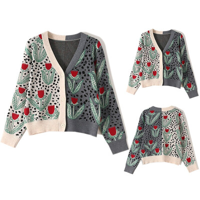 

〖Follure〗Women 2019 Autumn Winter Casual Flower Color Matching Sweater Cardigan