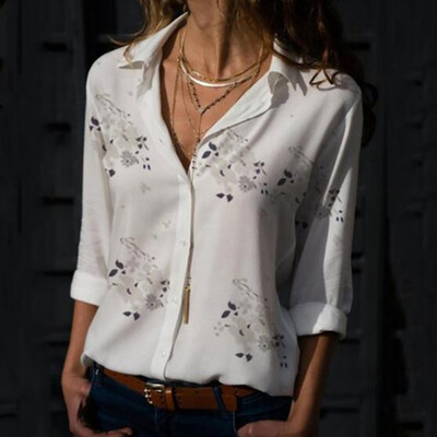 

Womens Floral Print Turn-down Collar Casual Long Sleeve Blouse