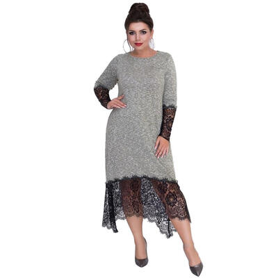 

Large Size Lace Dress Casual Women Solid Color Irregular Round Neck Dresses