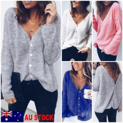 

AU Womens V-Neck Cardigan Button Down Soft Knit Sweater Ladies Jacket Coat Tops