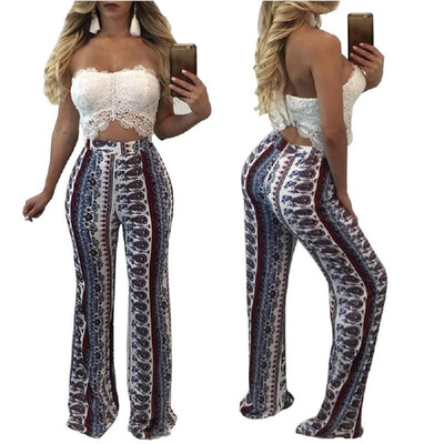 

New Vintage Boho Women Floral Print Wide Leg Pants High Waist Bell Bottom Flare Trousers White