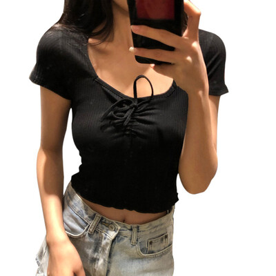 

Summer Bow Bandage T-Shirt Women Casual Short Sleeve Sexy Slim Tops Female Solid Color T Shirt Knitted Tops