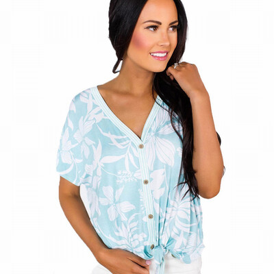 

V-neck short-sleeved single-breasted printed hem knotted Bohemian ladies top