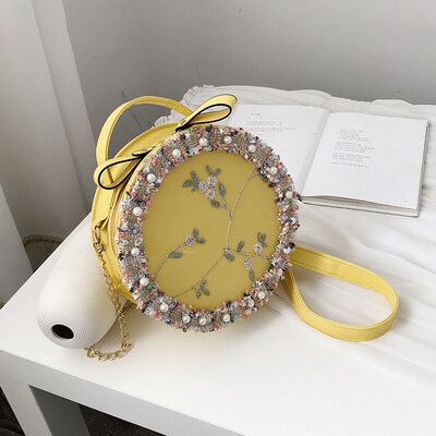 

Joker portable small round bag female 2019 new chic embroidered Sen fairy scarlet bag lace chain shoulder bag