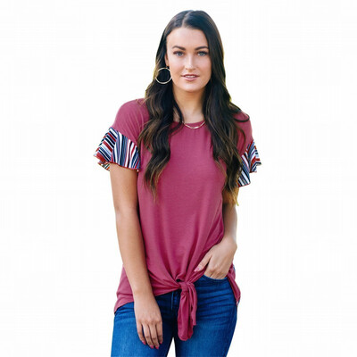 

Colorful striped ruffled T-shirt round neck short-sleeved knotted top