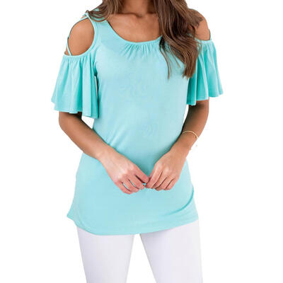 

Women Solid Color T-shirts O-neck Pleated Cross Cold Shoulder Slim Tee Tops