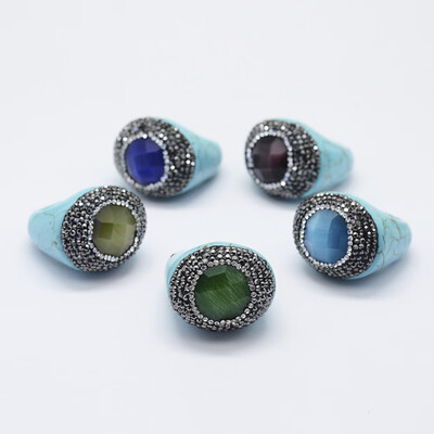 

Synthetic Turquoise Finger Rings with Polymer Clay Czech Rhinestone&Cat Eye Oval Mixed Color 18mm