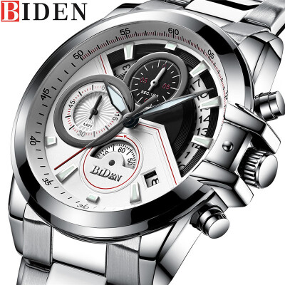 

BIDEN Biden fashion steel belt mens watch large dial casual three-eye multi-function table mens watch