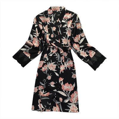 

Toponeto Women Sexy Satin Fashion Print Lace Pajamas Sleepwear Robe Long Sleeve