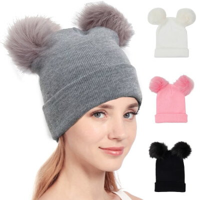 

2019 Autumn New Women Faux Fur Pompom Hat Female Winter Warm Cap Knitted Beanie Girl Double Ball