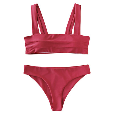 

Solid Color Women Swimsuit Swimwear Square Neck High Cut Bikini Set