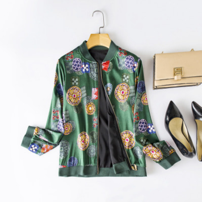 

Womens jacket 2018 spring&autumn models new silk jacket silk collar long-sleeved zipper loose multi-color volleyball clothing women