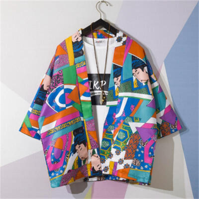 

Mens Kimono Cardigan Retro Style Albow-Length Sleeve Open Stitch Shirt