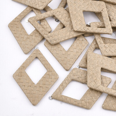 

Handmade Raffia Woven Big Pendants with Iron & Aluminum Findings Rhombus Platinum BurlyWood 69x485x4mm Hole 18mm