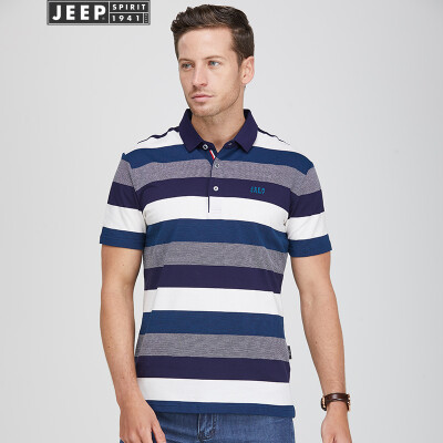 

Jeep short-sleeved T-shirt mens striped POLO shirt youth mens cotton lapel half sleeve 2019 summer new 8909 blue 3XL