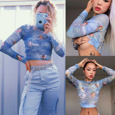 

Women Long Sleeve Mesh Perspective Turtleneck Crop Bodysuit Tops T-Shirt Blouse