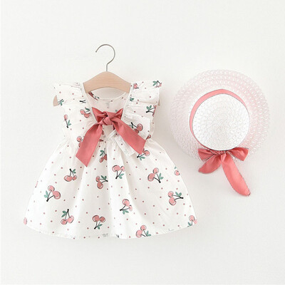 

Toddler Baby Kids Girls Sleeveless Cherry Dot Princess Dresses Bow Hat Outfits