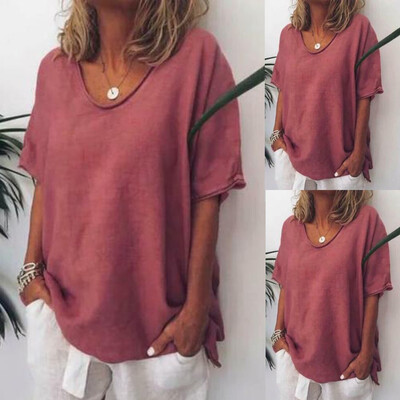 

Womens Summer Linen Blouse Casual Loose V Neck T Shirt Half Sleeve Baggy Tops