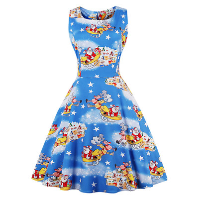 

Round Collar Sleeveless Santa Claus Elk Print A-line Women Dress