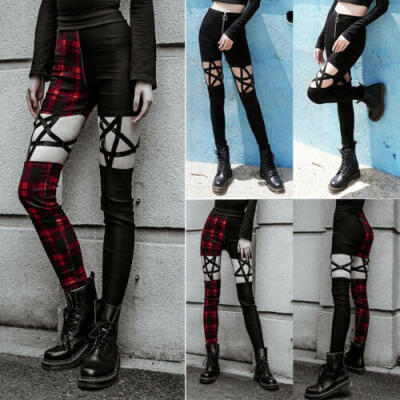 

Women Zipper Stretch Leggings Pants Gothic Punk Cut Out Lace Up Skinny Trousers