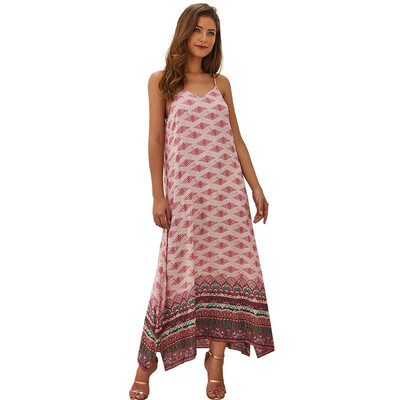 

Fashion Women Bohemian Summer Print Sling Dress V-neck Dress