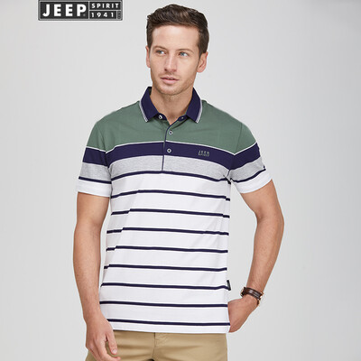 

Jeep short-sleeved mens striped casual POLO shirt youth mens cotton lapel T-shirt 2019 summer new product 8918 green XL