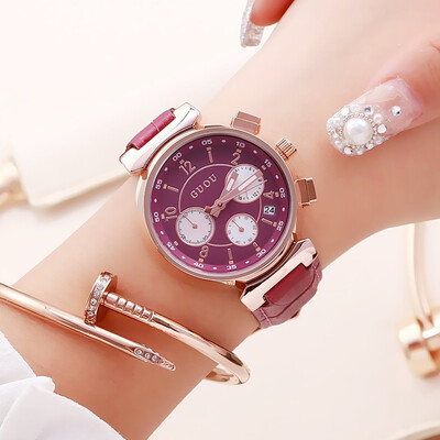 

Watch hot quartz movement temperament belt three-eye large dial watch