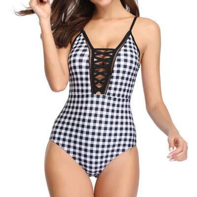 

Roseonmyhand Women Plaid Padded Push-up One Piece Bikini Swimwear Swimsuit Beachwear