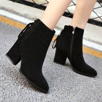 

Rose Fashion Pure Color Pointed Toe Zipper Boots Chunky Heels Vintage Women Boots