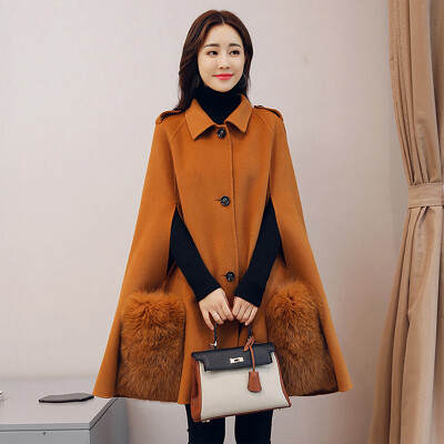 

Cypress house 2018 winter new womens solid color elegant sleeveless pocket stitching edging cloak loose coat cloak coat S74R0404DQA1735S caramel color S