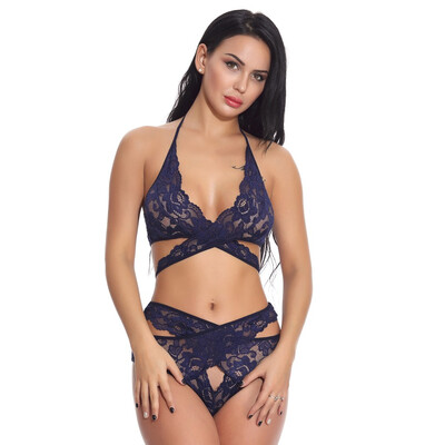 

Toponeto Women Plus Size Lace Sexy Lingerie Hollow Halter Bra Set Babydoll Underwear