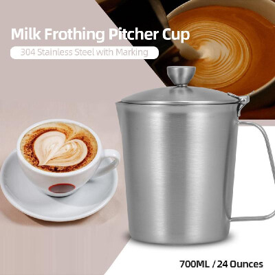 

Milk Frothing Pitcher Measuring Frothing Cup 304 Stainless Steel Cup with Marking Lid Handle 700ML 24 Ounces for Kitchen Bar