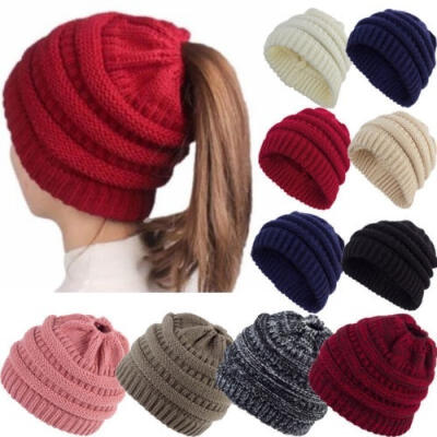 

Ponytail Beanie Hat Women Messy Bun Crochet Cap Winter Warm Knitted Stylish