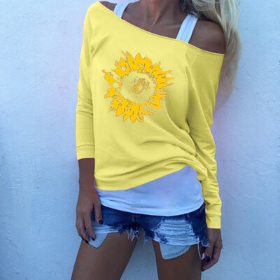 

Starmoon Fashion Womens Fashion Long Sleeve Cold Shoulder Casual Sunflower Print Blouse