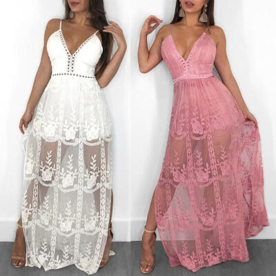 

Womens Boho Lace Off Shoulder Maxi Dress Lady Spaghetti Straps Evening Cocktail Party Beach Dress Sundress