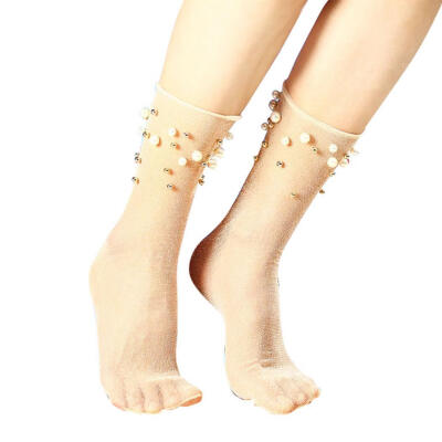 

Sexy Women Faux Pearl Glitter Transparent Ultra Thin Elastic Middle Tube Socks