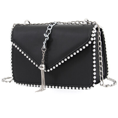 

Fashion Simple Small Square bag Womens Designer Handbag 2018 High-quality PU leather Rivet Tassel Chain Shoulder bags