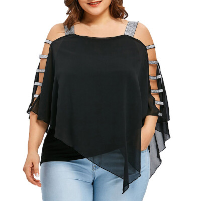 

Roseonmyhand Sexy Women Fashion Plus Size Ladder Cut Overlay Asymmetric Blouse Strapless Tops