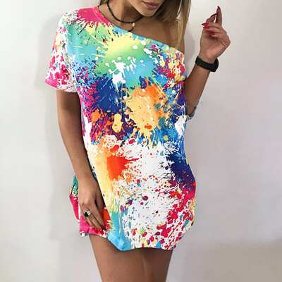 

Starmoon Women T-shirt Short Sleeve Skew Collar Tie Dyeing Printed Casual Long Blouse