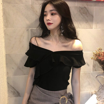 

Womens Slash Neck Solid Short Sleeve Slim Ruffles T-Shirt