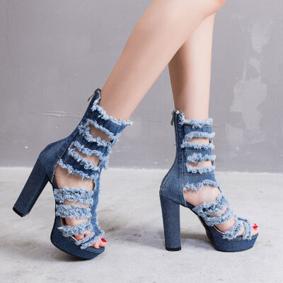 

Rose Fashion Lady Denim Hollow Versatile Open Toe High Heels Large Size Sandals