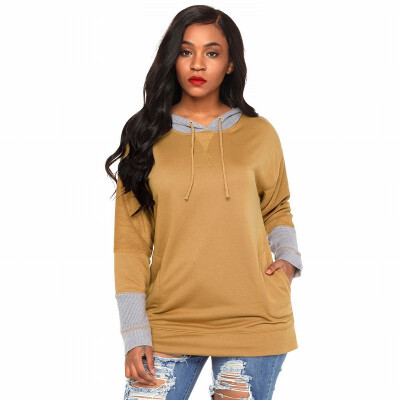 

Long sleeved pocket long knit casual hooded sweatshirt womens