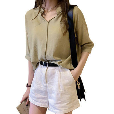 

Women Blouse Short Sleeve Beach Shirts V Neck Summer Casual Loose Tops Fashion Chiffon Blouse Pure Basic Soft Tops Summer