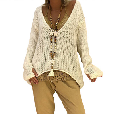 

Plus Size Loose Women Solid Color V Neck Long Sleeve Sweater Irregular Jumper