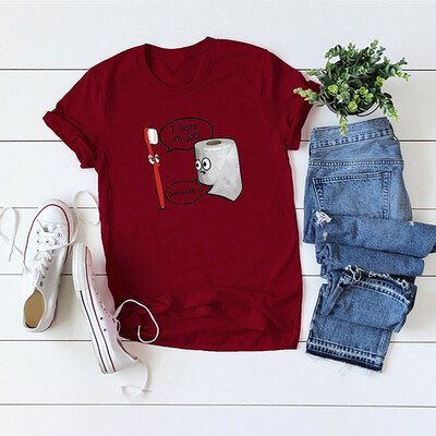 

Nomeni Womens O-Neck Letter Cartoon Printing Short Sleeve Blouse Loose Shirt Tops