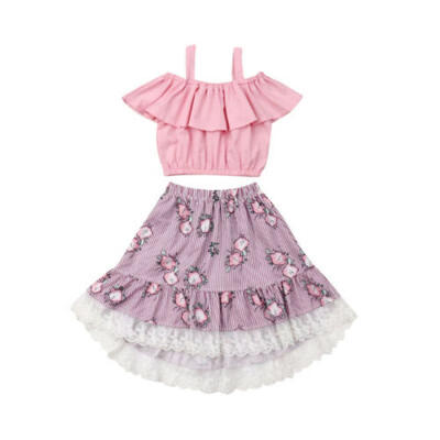 

US Kids Baby Girl Sleeveless Ruffle Vest Tops Flower Striped Lace Dress Clothes