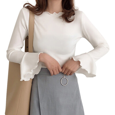 

Summer Ruffled Neckline Trumpet Sleeves Slim Bottoming Shirt style Design Simple Solid Color Womens T-shirt