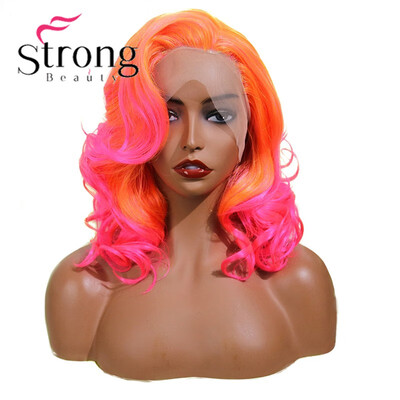 

Strongbeauty Orange Pink Synthetic Lace Front Wig With Side Part 14 Inch Drag Queen Wavy Wig Ombre Short Bob Wigs For Black Women