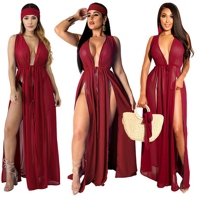 

Women Chiffon Long Cardigan Sleeveless Split Drawstring Waist Loose Maxi Bikini Cover Ups Dress Beachwear