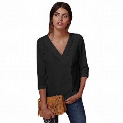 

Solid color V-neck button seven-point sleeve tooling white-collar professional womens shirt
